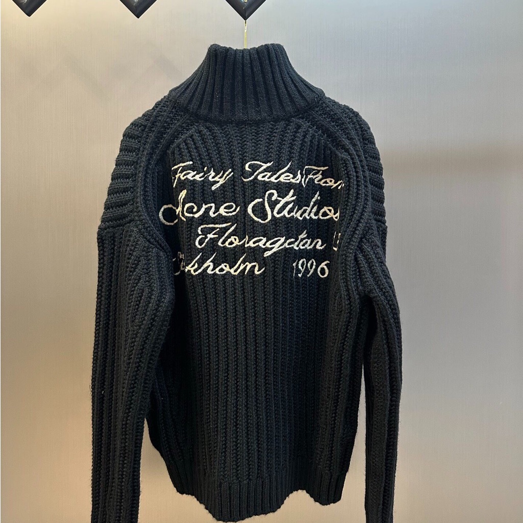 Acne Studios Black Zip Up Sweater With White Embroidery